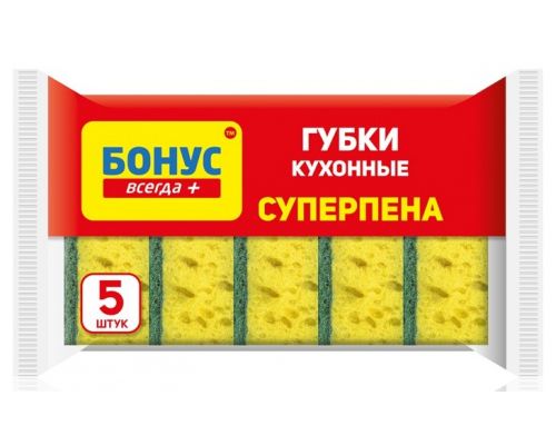 Губка кухонная крупнопористая Суперпена 9*6,4*3см 5шт Бонус Губка кухонная крупнопористая Суперпена 9*6,4*3см 5шт Бонус