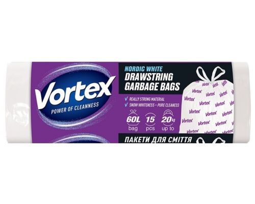 Пакеты для мусора с завязками белые HD 60л 15шт 60*64см Vortex Пакеты для мусора с завязками белые HD 60л 15шт 60*64см Vortex